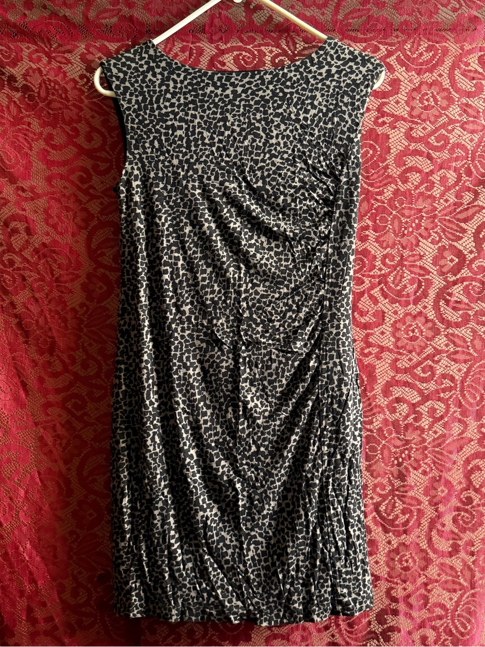 LOFT Animal Print Ruched Sheath Dress Grey Black Boat Neck Sleeveless Size S/P